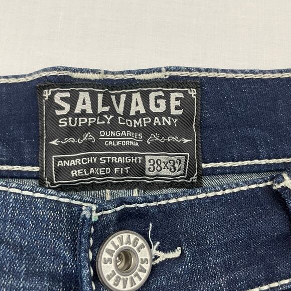 Y2K Salvage Supply Co Anarchy Straight Jeans size 38 x 32 Dark Wash Streetwear - Picture 7 of 11